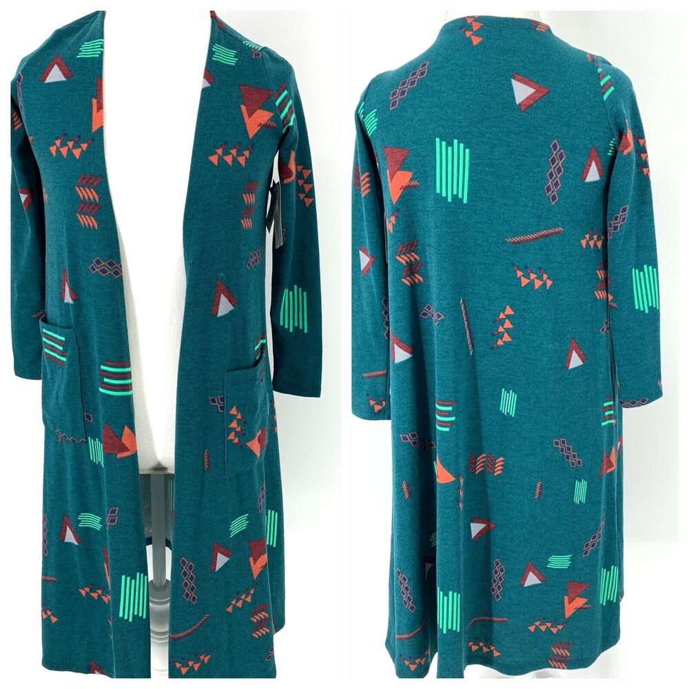 LuLaRoe Sarah Teal geometric print cardigan duster, size XS